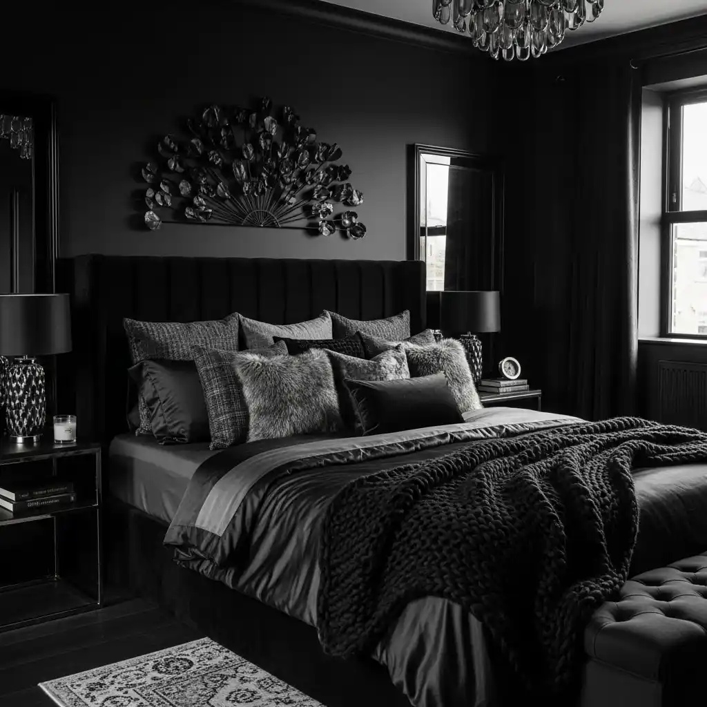 24 Moody Bedroom Inspirations for a Dramatic Look 3 All Black Luxe Retreat