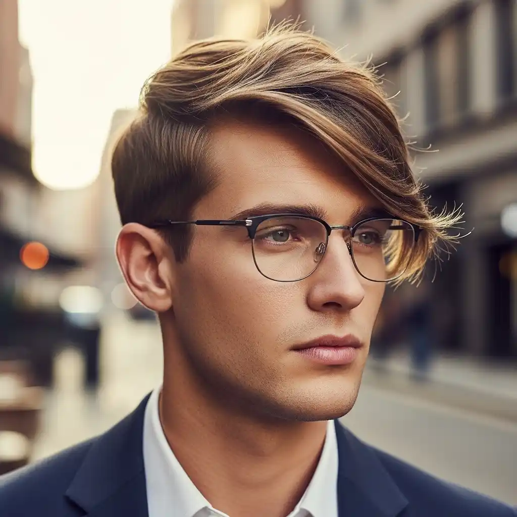 35 Stunning Hairstyles for Men with Glasses: Discover Your Signature Look 31 Angular Fringe with Glasses
