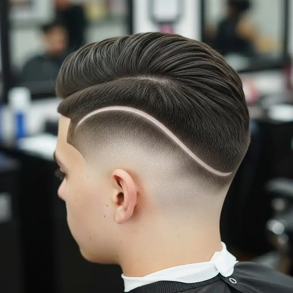 37 Stylish Haircut Ideas for Men: Master the Art of the Fade with Straight Hair 16 Burst Fade with Curved Line Design