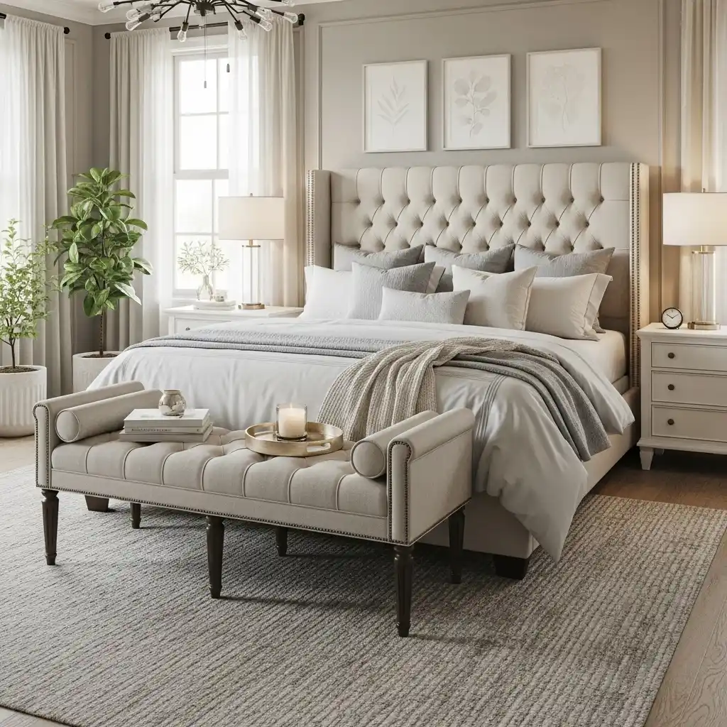 23 Master Bedroom Decor Ideas for a Cozy Luxe Retreat 16 Cozy Bench at the Foot of the Bed
