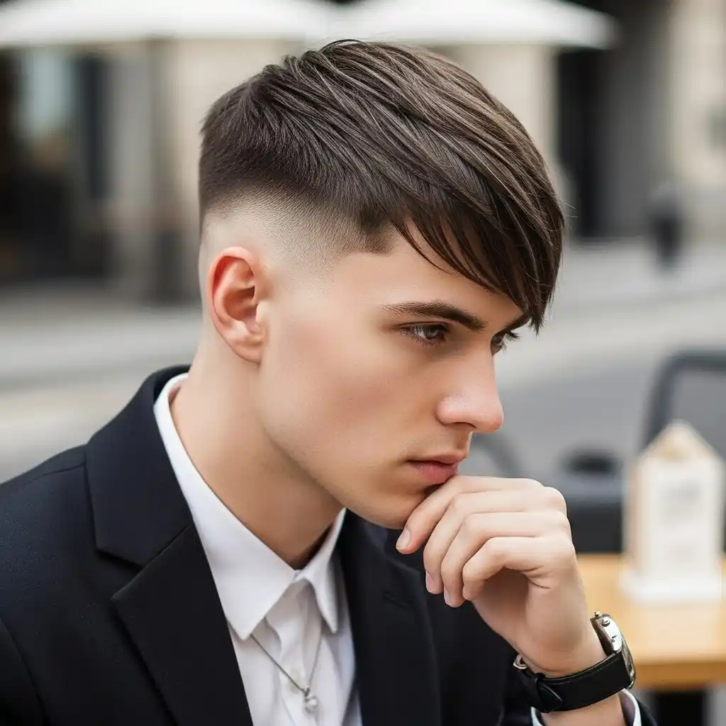 37 Stylish Haircut Ideas for Men: Master the Art of the Fade with Straight Hair 22 Mid Fade with Angular Fringe
