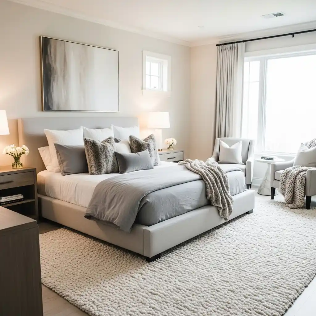 23 Master Bedroom Decor Ideas for a Cozy Luxe Retreat 9 Plush Area Rug Underfoot