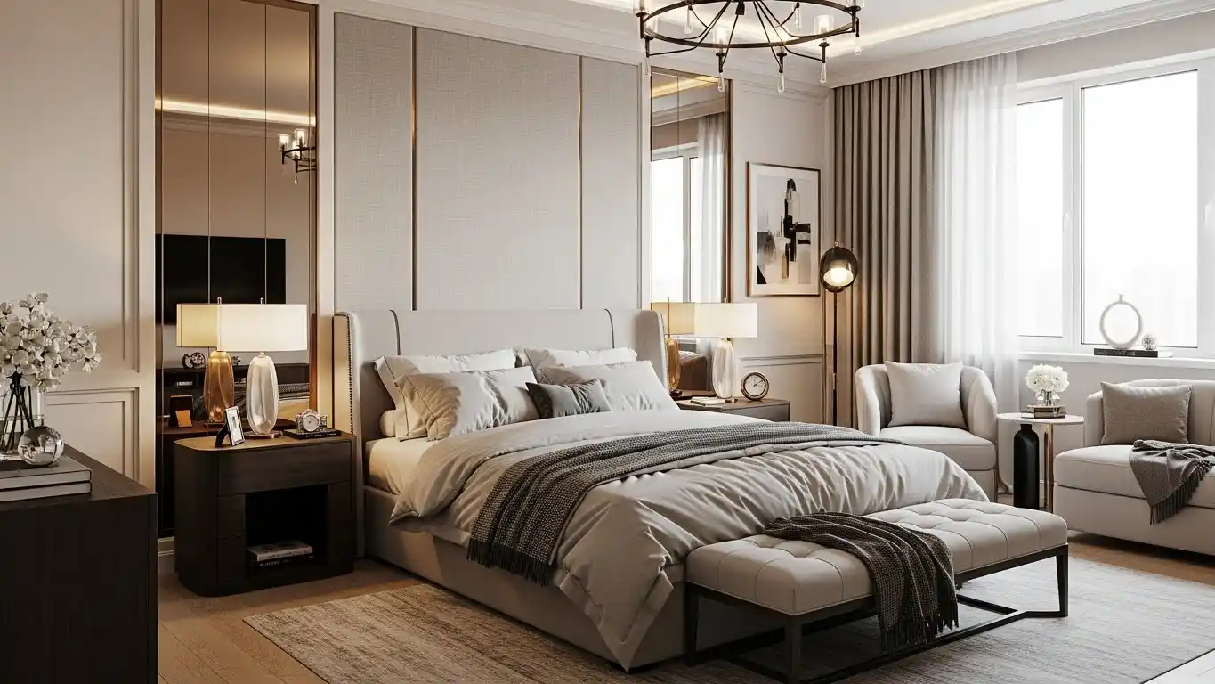 Elegant bedroom designs combining comfort and luxury with plush bedding, soft lighting, and modern decor