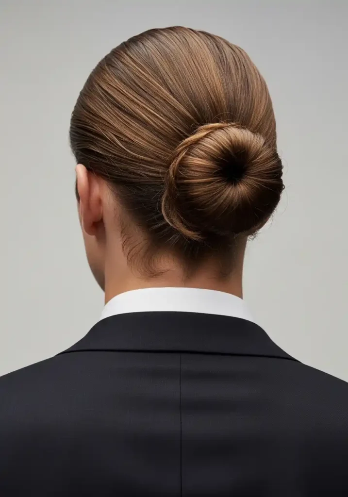 18 Trendsetting Winter Long Hairstyles for Men 17 The Long Hair Low Bun for Elegant Winter Occasions