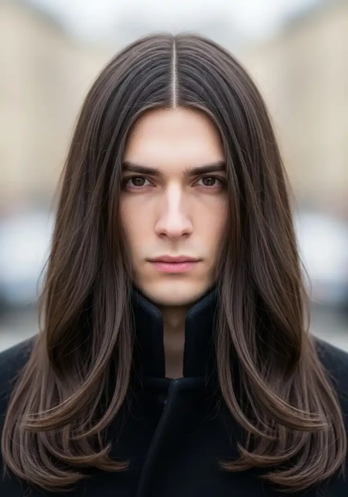 18 Trendsetting Winter Long Hairstyles for Men 14 The Long Hair with Middle Part for Symmetrical Winter Beauty