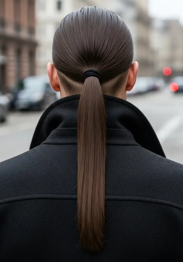 18 Trendsetting Winter Long Hairstyles for Men 5 The Sleek Winter Ponytail for Sharp Contrast