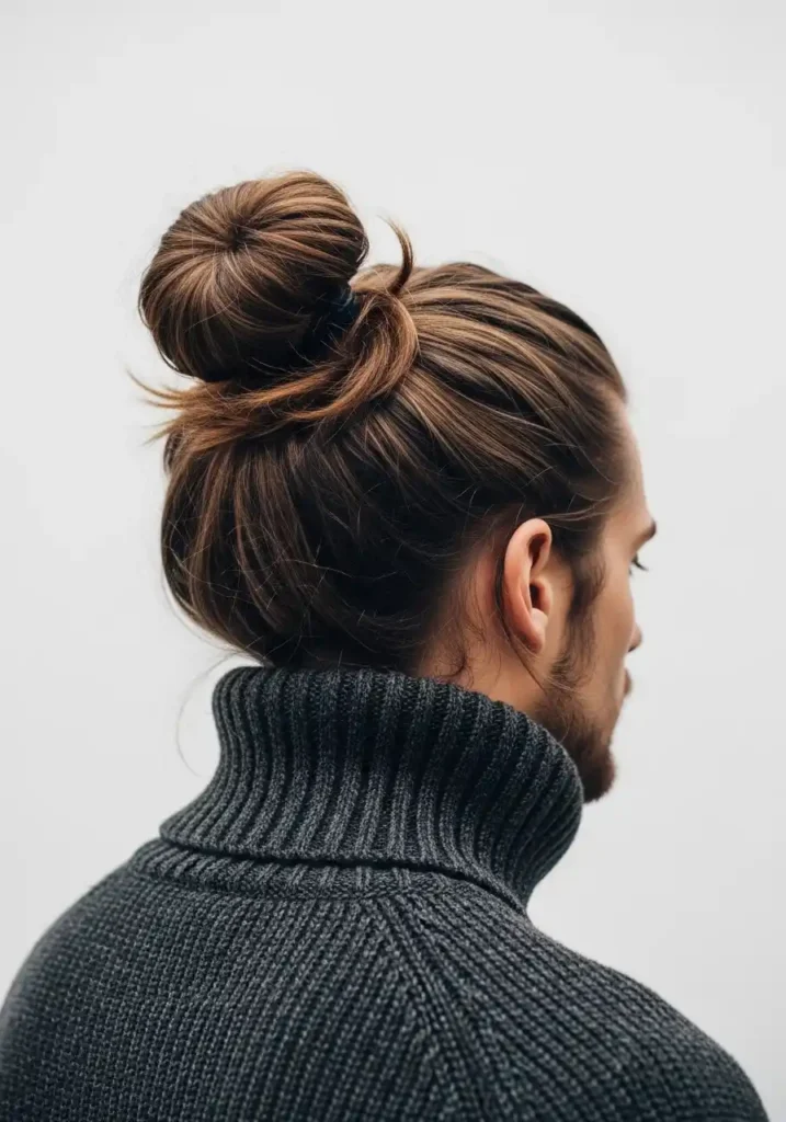 18 Trendsetting Winter Long Hairstyles for Men 2 The Winter Bun — Messy High Bun for Cold Season Style